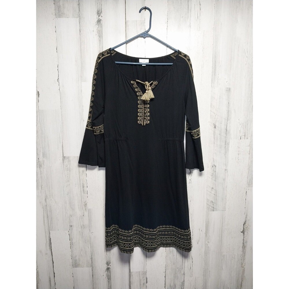 J. Jill Womens Dress Small Black Embroidered Tassel Tie Bell Sleeve Boho